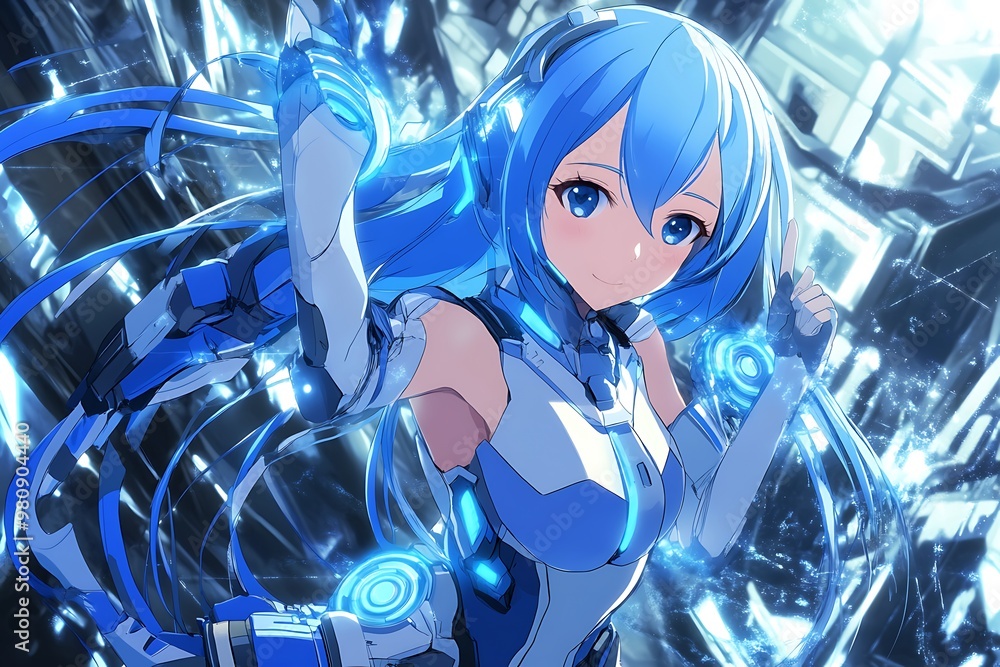 Wall mural Anime Girl with Blue Hair in Futuristic Outfit.