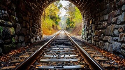 Obraz premium Railroad tracks leading into a tunnel of light, stone walls framing the path, evoking a sense of mystery and anticipation