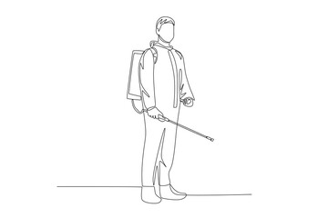 The man who will water the plants with pest medicine. Pest control concept one-line drawing