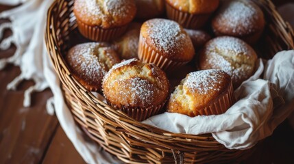 A basket of muffins with powdered sugar on top