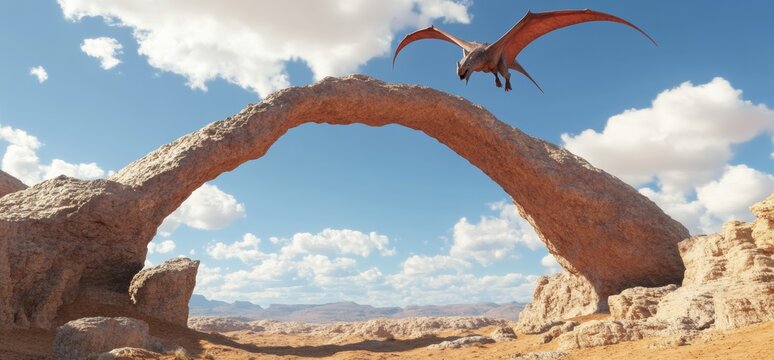Sunlight filters through a futuristic sci-fi landscape, where a spaceship flies above arch-shaped rock formations.