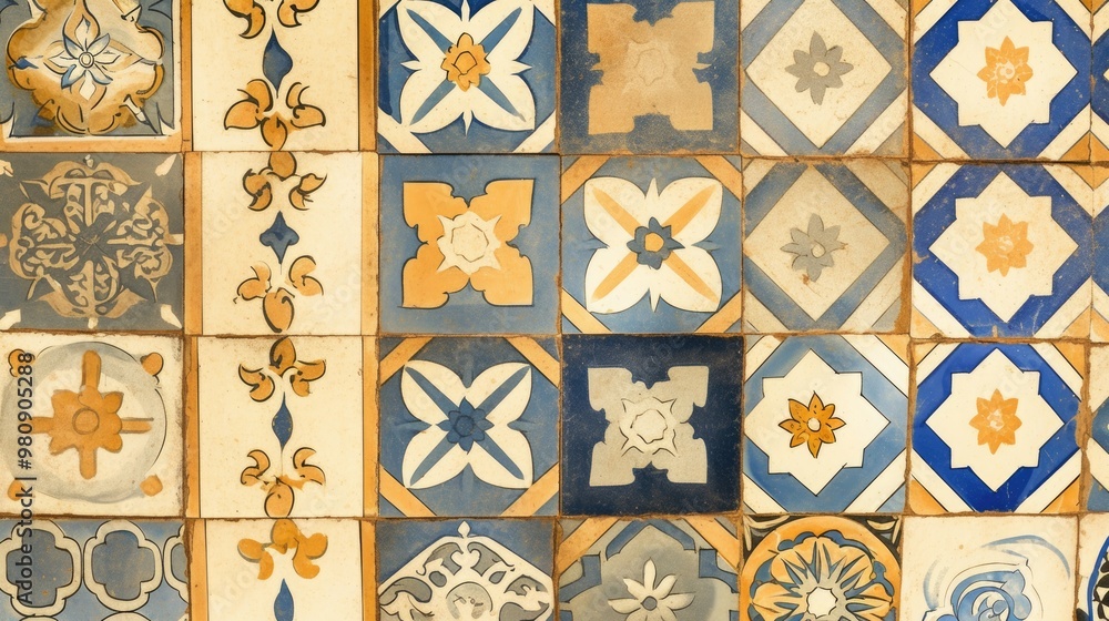 Poster detail of decorative glazed tiles showcasing intricate patterns and colors