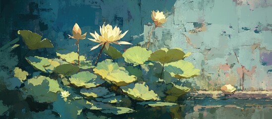 Oil painting of water lilies featuring nenuphars on a textured concrete wall Ideal design for wallpaper murals and decorative cards or postcards