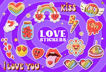 Retro y2k groovy love stickers pack. Vibrant hearts in glass jar, peace signs, rainbow and emotive expressions, daisy flower and mouth with nostalgic touch. Vector patches with playful, romantic vibe