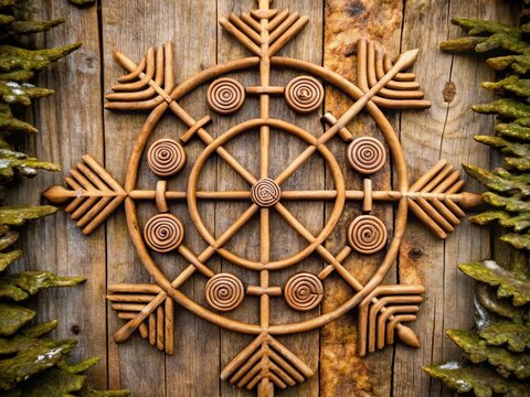 Intricate Icelandic magical stave, also known as a troll cross, surrounds a central circle, featuring eight