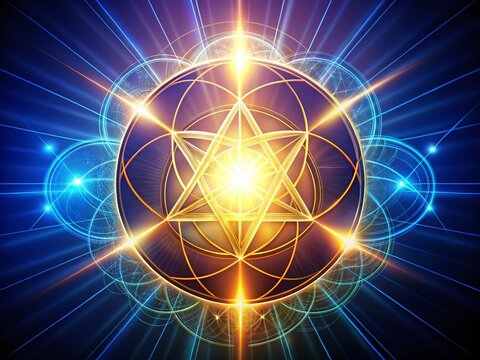 Intricate illustration of interconnected circles with trefoil and triangle elements, surrounded by radiant light,