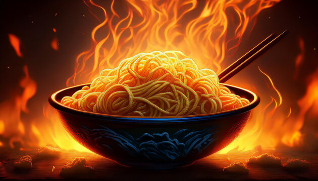 Noodles in a bowl in the background of a burning fire, Asia food