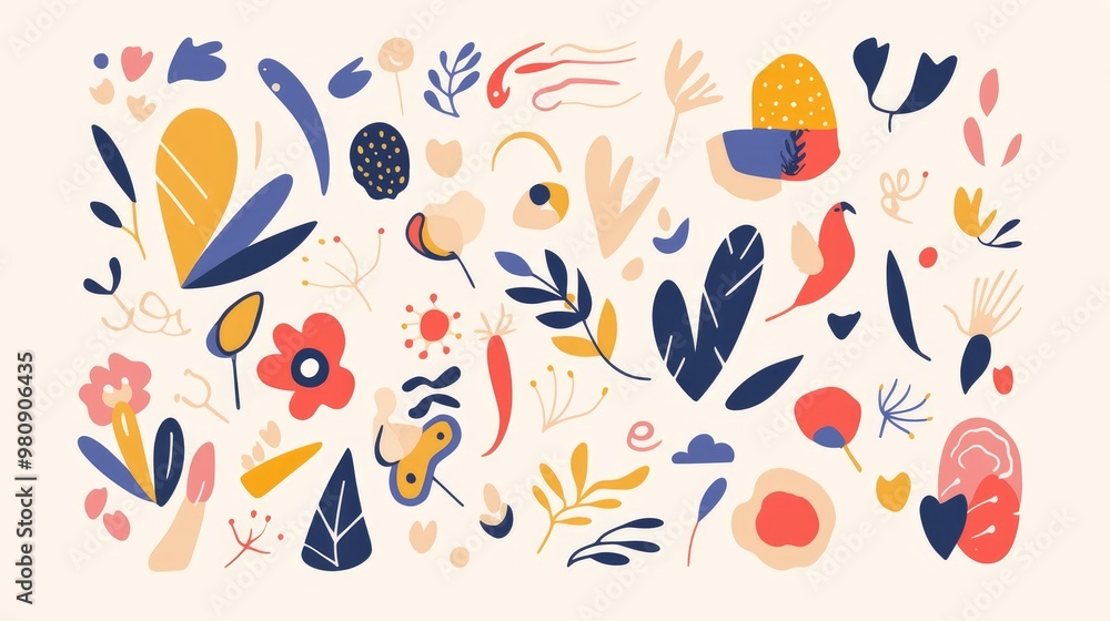 Poster abstract collection of whimsical cartoon elements featuring colorful hand drawn shapes and playful c