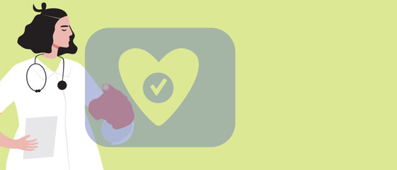 Doctor cardiologist and online technology touch screen halogram, flat vector stock illustration as copy space template