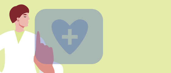 Doctor cardiologist and online technology touch screen halogram, flat vector stock illustration as copy space template