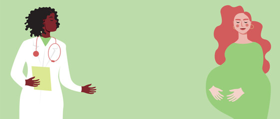 Pregnant woman and gynecologist doctor, concept of pregnancy management, healthcare, wellness, flat vector stock illustration copy space