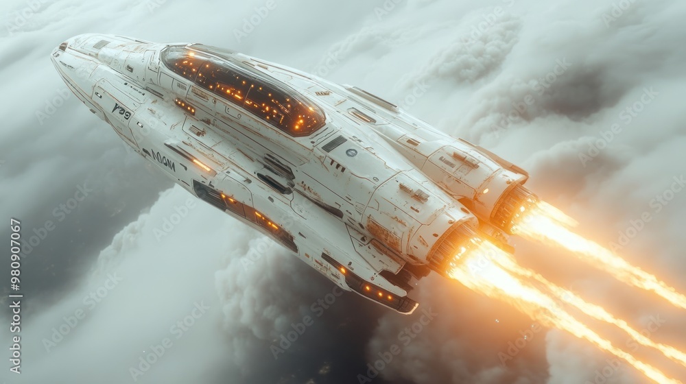 Poster a futuristic spaceship flying through clouds with fiery thrusters.
