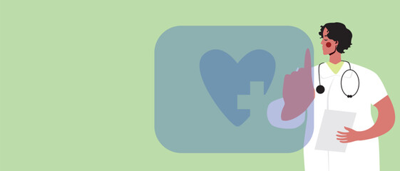 Doctor cardiologist and online technology touch screen halogram, flat vector stock illustration as copy space template