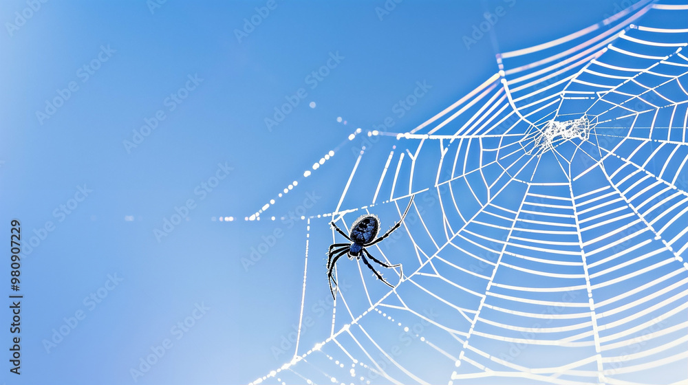 Poster spider on web in macro photography with dew drops and clear sky
