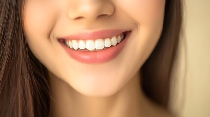 Obraz premium A close-up of a smiling woman showcasing her bright teeth and healthy smile.