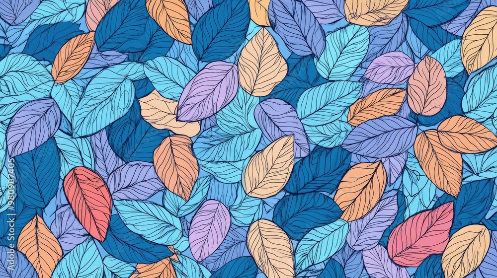Poster light blue vector sketch pattern featuring a colorful abstract design with leaves in a doodle style 