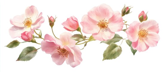 Fototapeta premium Artwork of a cluster of pink dog roses set against a clean white backdrop