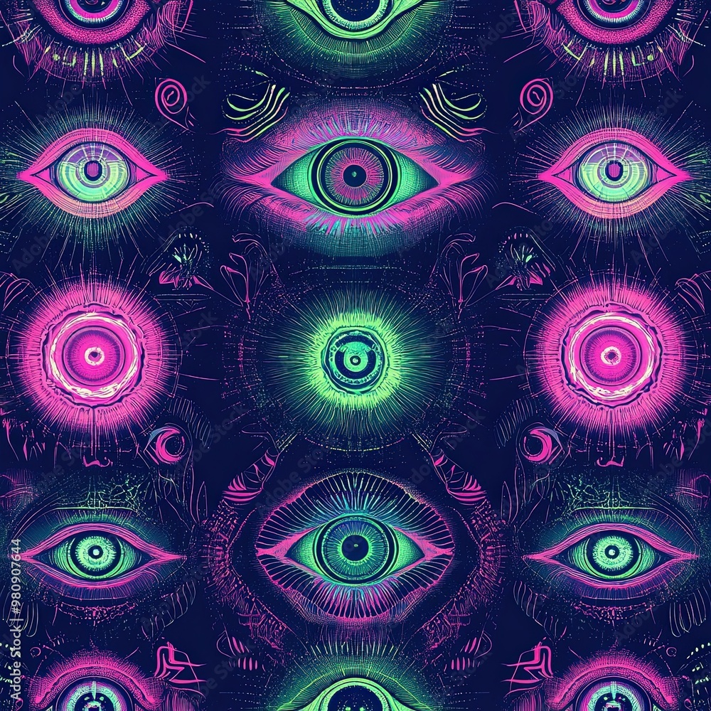 Poster psychedelic eye pattern in neon colors for pop art projects or digital backdrops.
