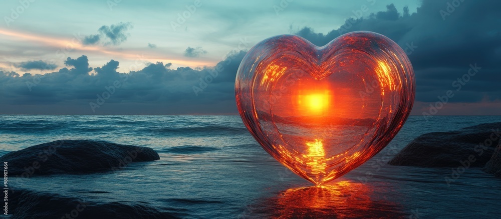 Poster surreal 3d rendering of a heart shaped glass planet with a glowing gateway set against an ocean back