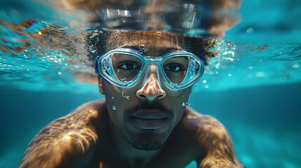 Fototapeta premium Beneath the Azure: A portrait of a young man embracing the underwater world, his gaze steady through swimming goggles as he explores the turquoise depths. 
