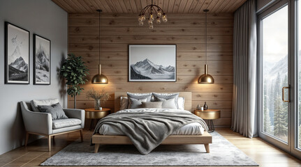 cozy bedroom interior in modern scandinavian style. Generative AI