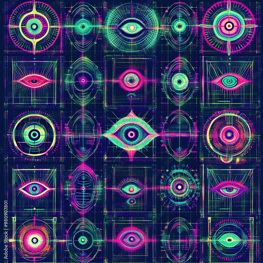 Poster futuristic abstract pattern with grid of eyes in neon colors for creative design.