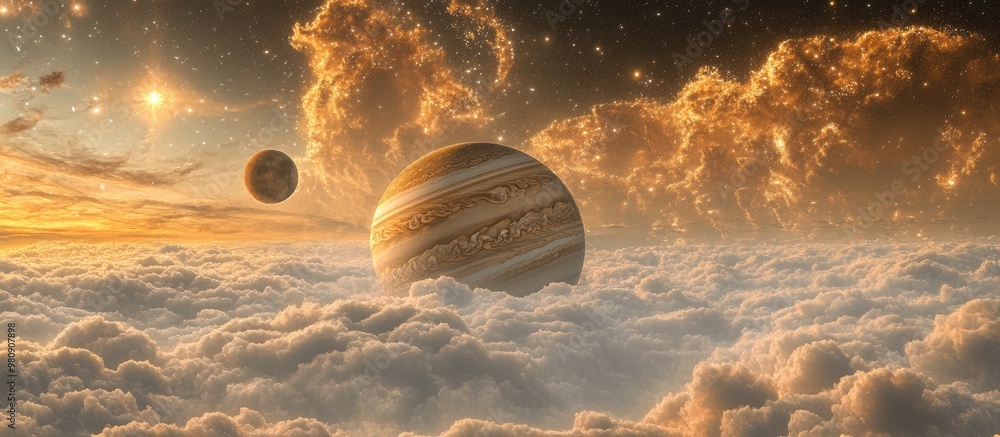 Poster surrealistic 3d rendering of jupiter and its moons europa and io set against a backdrop of clouds st