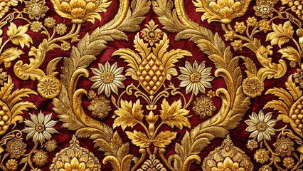 Intricately woven golden threads form a lavish brocade pattern on a rich velvet textile, showcasing ornate floral