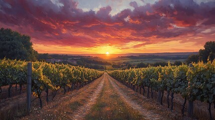 Fototapeta premium A dirt road leads through a vineyard at sunset, with a vibrant sky overhead.
