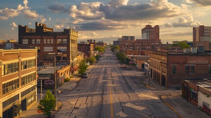 A vibrant cityscape of Gary, Indiana's downtown, bathed in warm afternoon light, showcasing historic buildings, streets, and an urban landscape devoid of human presence.