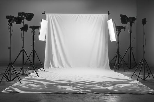 minimalist photography studio setup with seamless white backdrop paper roll professional lighting equipment casts soft shadows clean uncluttered composition emphasizes negative space