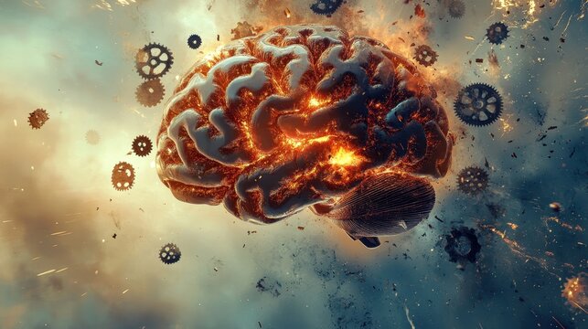 A fiery brain explodes with gears and debris in a chaotic cosmic scene.
