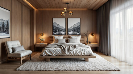 cozy bedroom interior in modern scandinavian style. Generative AI