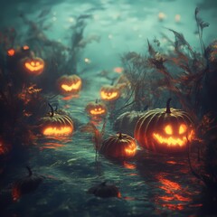 Naklejka premium Enchanting Glow: Eerie Underwater Scene with Glowing Pumpkins Submerged