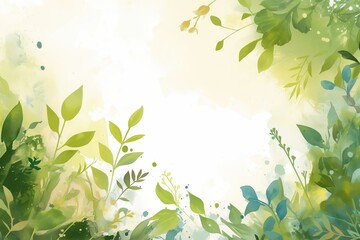 Background with leaves and plants on the board watercolor image with copy space.  Eco friendly,  sustainable project. 