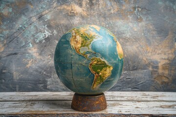 Antique World Globe on Rustic Table with Textured Background