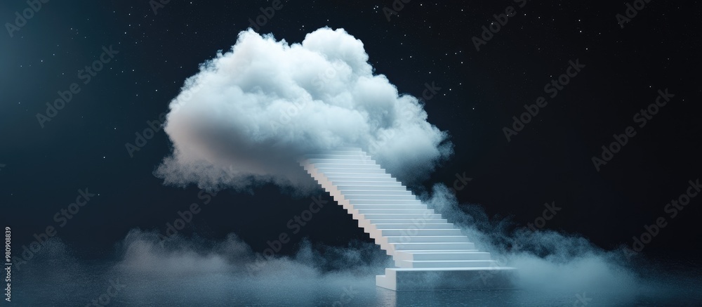 Poster surreal illustration of a white cloud with a staircase against a dark backdrop a creative blend of f