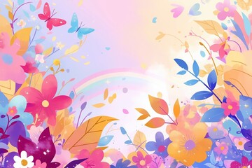 Gentle fairy tale background  with sparkle flowers, drops, rainbow, butterfly in pastel colors with copy space. 