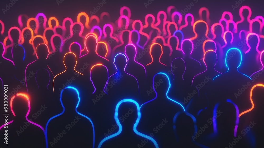 Poster sci fi glowing silhouettes of a crowd with neon outlines on a dark background tech crowd concept neu