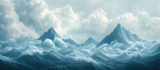 Fototapeta premium Surreal 3D landscape illustration featuring peaks and mountains set against a dramatic cloud filled sky