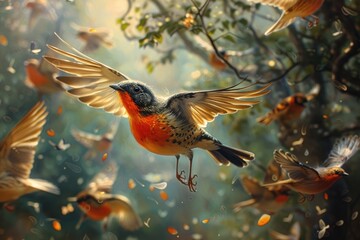 Obraz premium Colorful Bird in Flight Amongst Foliage and Fellow Birds