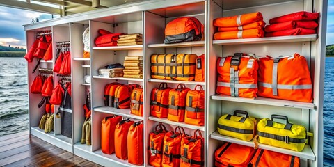 Life jackets, flares, first aid kit, and navigation tools neatly organized on a shelf, meeting Ontario's boating safety