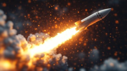 A rocket launching into space, surrounded by fiery clouds.