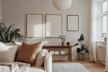 Blank wooden frame mockups in nordic contemporary scandinavian living room interior. Empty template of three posters, wall arts mock up din A ratio, home interior in beige tones, white wall background
