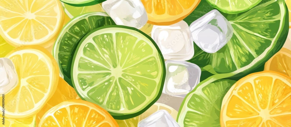 Poster refreshing background of lemon and lime slices with ice