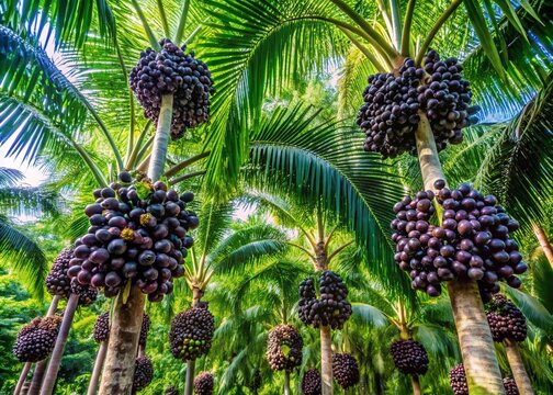 Lush green acai palm trees with dark purple fruit clusters thrive in a vibrant tropical rainforest, surrounded by