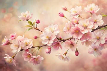 Obraz premium Softly delicate pink cherry blossoms unfold against a gentle cream background, intricate watercolor brushstrokes blending nature's beauty with artistic elegance.