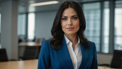 Obraz premium adult black hair white woman in blue formal attire model portrait looking confident on an office background for ad concept space for text