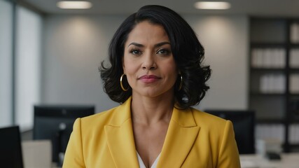 Fototapeta premium adult black hair hispanic woman in yellow formal attire model portrait looking confident on an office background for ad concept space for text