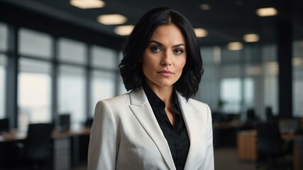 Fototapeta premium adult black hair white woman in black formal attire model portrait looking confident on an office background for ad concept space for text